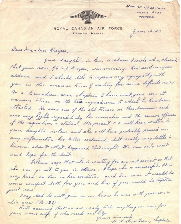 Chaplain letter to Burpee parents