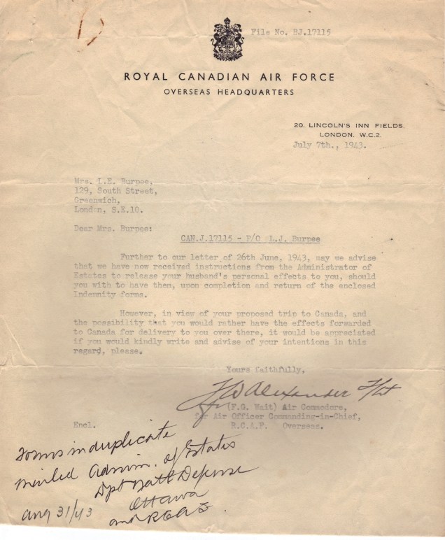 RCAF Min of Estate Letter Burpee